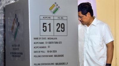 Meghalaya Chief Minister Conrad Sangma casts his vote for the first phase of Lok Sabha elections, in West Garo Hills district. (PTI) Meghalaya Chief Minister Conrad Sangma casts his vote for the first phase of Lok Sabha elections, in West Garo Hills district. (PTI)