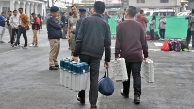 Polling officials after collecting EVMs and other election material on the eve of the first phase of Lok Sabha elections, in Sikkim on Thursday. (ANI) Polling officials after collecting EVMs and other election material on the eve of the first phase of Lok Sabha elections, in Sikkim on Thursday. (ANI)
