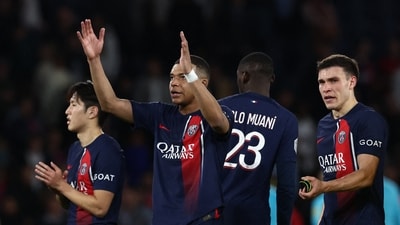 Paris St Germain's Kylian Mbappe acknowledges fans. (REUTERS)