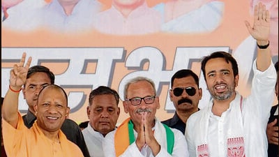 The RLD chief’s joint rally with chief minister Yogi Adityanath came on a day when eight parliamentary seats in western Uttar Pradesh voted in Phase One of 2024 Lok Sabha polls. (Sakib Ali/HT Photo) The RLD chief’s joint rally with chief minister Yogi Adityanath came on a day when eight parliamentary seats in western Uttar Pradesh voted in Phase One of 2024 Lok Sabha polls. (Sakib Ali/HT Photo)