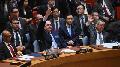 The UN Security Council votes on a resolution allowing Palestinian UN membership at United Nations headquarters in New York, on April 18, 2024, during a United Nations Security Council meeting on the situation in the Middle East, including the Palestinian question. (AFP) The UN Security Council votes on a resolution allowing Palestinian UN membership at United Nations headquarters in New York, on April 18, 2024, during a United Nations Security Council meeting on the situation in the Middle East, including the Palestinian question. (AFP)