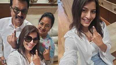 Varalaxmi Sarathkumar visited the polling booth with her family, Sarathkumar and Radhika, sharing pictures with them after. (X) Varalaxmi Sarathkumar visited the polling booth with her family, Sarathkumar and Radhika, sharing pictures with them after. (X)