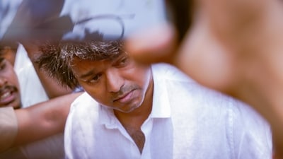 Vijay’s polling booth was calm till he visited it to cast his vote on Friday afternoon. Fans crowded him and his car for a glimpse, with some noticing that he had a bandage on one of his hands. (X/Cyril Eanastein) Vijay’s polling booth was calm till he visited it to cast his vote on Friday afternoon. Fans crowded him and his car for a glimpse, with some noticing that he had a bandage on one of his hands. (X/Cyril Eanastein)
