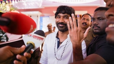 Actor Dhanush exercised his franchise at a polling booth in Alwarpet, Chennai, during the ongoing Lok Sabha elections on Friday. 
