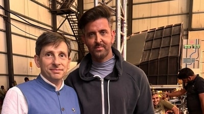 Jean-Marc Sere-Charlet, Consul General of France, and Hrithik Roshan on the sets of war 2 Jean-Marc Sere-Charlet, Consul General of France, and Hrithik Roshan on the sets of war 2