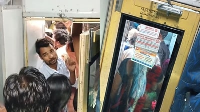 Ticketless passengers inside the 2nd AC coach of Kashi Express. (X/@imAdshaykh0731) Ticketless passengers inside the 2nd AC coach of Kashi Express. (X/@imAdshaykh0731)