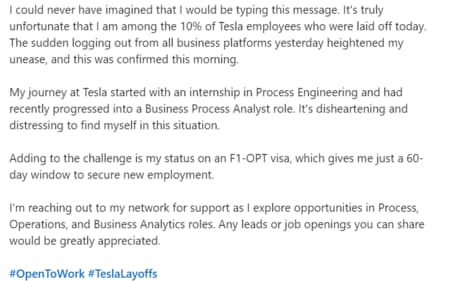 An Indian woman's LinkedIn post on Tesla layoffs in the US. (Screengrab) An Indian woman's LinkedIn post on Tesla layoffs in the US. (Screengrab)