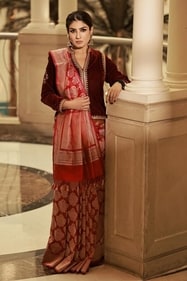 The Karmma Calling actor exudes royalty in an opulent Banarasi saree paired with a  velvet blouse in maroon, featuring intricate gold threadwork from Vidhi Singhania