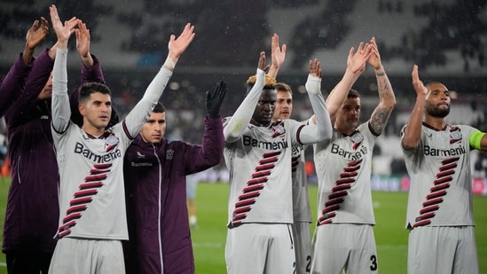 Leverkusen players celebrate after the Europa League quarterfinal second leg soccer match against West Ham (AP)