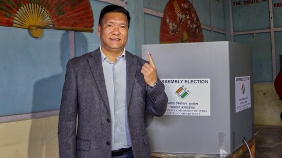 Arunachal Pradesh Chief Minister Pema Khandu casts his votes on Friday at his native village as the polling for two Lok Sabha seats and 50 assembly constituencies is underway.(PTI)
