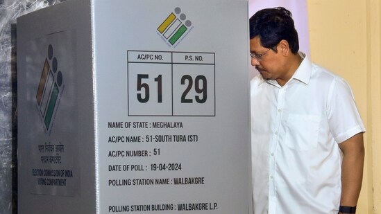Meghalaya Chief Minister Conrad Sangma casts his vote for the first phase of Lok Sabha elections, in West Garo Hills district.(PTI)