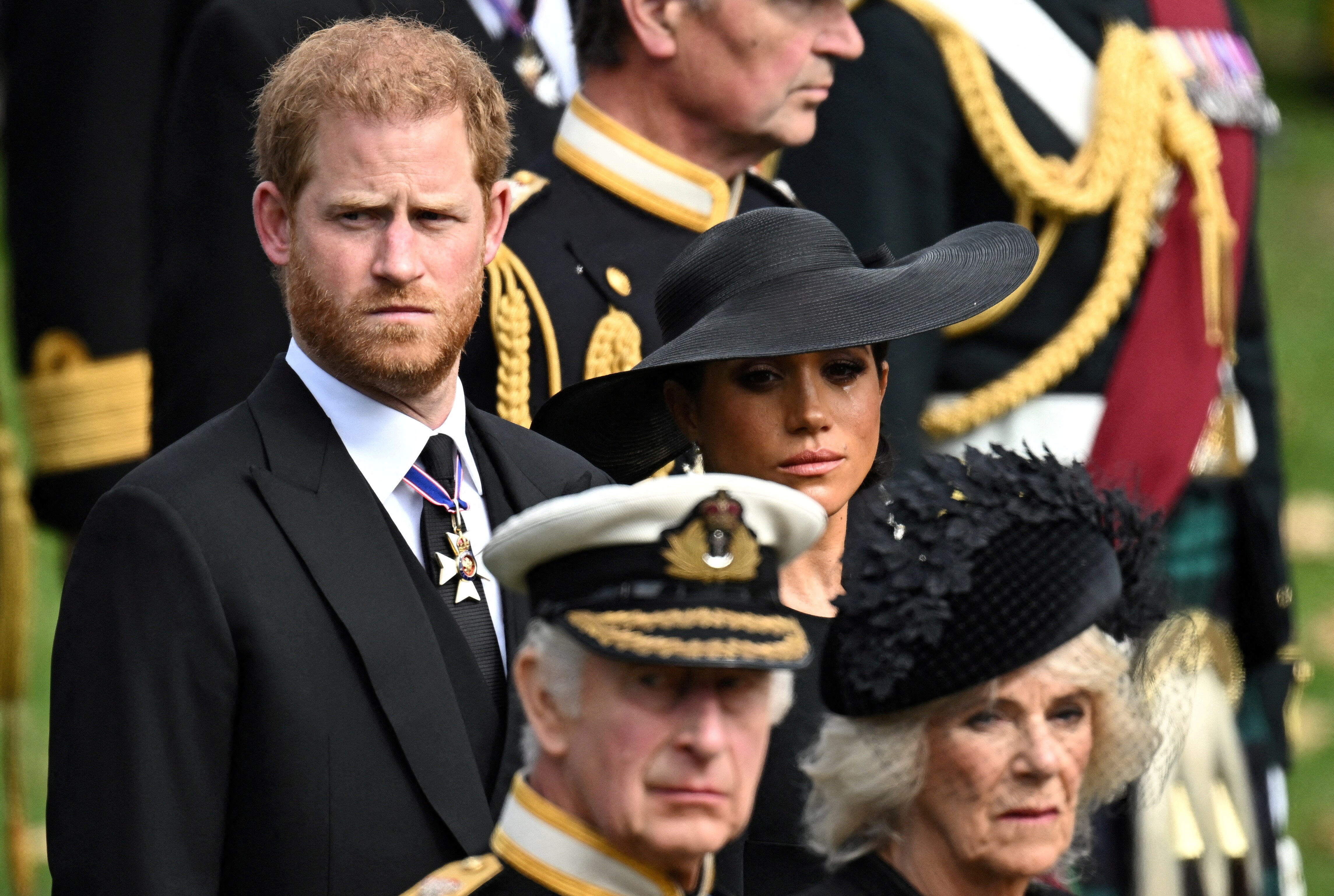 Britain's Meghan, Duchess of Sussex, reacts as she, Prince Harry, Duke of Sussex, Queen Camilla and King Charles III attend the state funeral and burial of Britain's Queen Elizabeth II, in London, Britain. (REUTERS/Toby Melville)