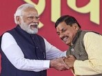 Prime Minister Narendra Modi being greeted by Madhya Pradesh chief minister Mohan Yadav 
