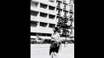 K Saradamoni in front of the Planning Commission in the mid-1950s. (Courtesy Tulika Books)