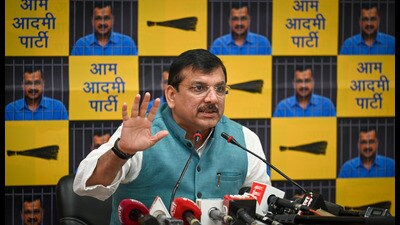 AAP leader Sanjay Singh at a press conference at AAP headquarters in DDU Marg in New Delhi on Saturday. (Sanchit Khanna/HT PHOTO) AAP leader Sanjay Singh at a press conference at AAP headquarters in DDU Marg in New Delhi on Saturday. (Sanchit Khanna/HT PHOTO)