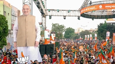 A gathering seen at the roadshow by Union home minister Amit Shah ahead of Lok Sabha Polls, in Gandhinagar. (Amit Shah's X account) A gathering seen at the roadshow by Union home minister Amit Shah ahead of Lok Sabha Polls, in Gandhinagar. (Amit Shah's X account)