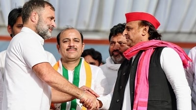 Congress leader Rahul Gandhi and Samajwadi Party (SP) Chief Akhilesh Yadav during an election rally in support of Congress candidate for Amroha seat Danish Ali ahead of the Lok Sabha election 2024, in Amroha. (X/@INCIndia) Congress leader Rahul Gandhi and Samajwadi Party (SP) Chief Akhilesh Yadav during an election rally in support of Congress candidate for Amroha seat Danish Ali ahead of the Lok Sabha election 2024, in Amroha. (X/@INCIndia)
