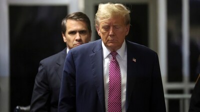 Former President Donald Trump, followed by attorney Todd Blanche, exits the courtroom following proceedings in his trial, Friday, April 19, 2024, at Manhattan Criminal Court in New York. (AP/PTI) (AP) Former President Donald Trump, followed by attorney Todd Blanche, exits the courtroom following proceedings in his trial, Friday, April 19, 2024, at Manhattan Criminal Court in New York. (AP/PTI) (AP)