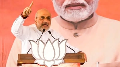 Union Home Minister Amit Shah addresses during a public meeting for Lok Sabha polls, in Rajasthan's Bhilwara, Saturday, April 20, 2024. (PTI)