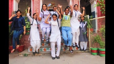 Elated students of Bipin Bihari Chakravarti Kanya Vidyalaya Inter College, Varanasi, after the UP Board results were declared. (Rajesh Kumar/HT Photo) Elated students of Bipin Bihari Chakravarti Kanya Vidyalaya Inter College, Varanasi, after the UP Board results were declared. (Rajesh Kumar/HT Photo)