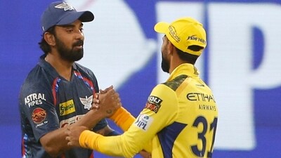 Lucknow Super Giants' captain KL Rahul, left, greets Chennai Super Kings' captain Ruturaj Gaikwad (AP) Lucknow Super Giants' captain KL Rahul, left, greets Chennai Super Kings' captain Ruturaj Gaikwad (AP)