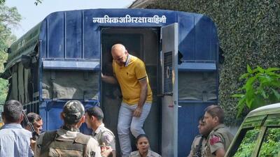 Manish Sisodia arrives at his official residence from Tihar Jail to meet his ailing wife on April 17. (Vipin Kumar/HT Photo)