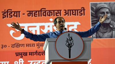 Mumbai, India. April 20,2024: Uddhav Thackeray, the party chief of Shiv Sena Uddhav Balasaheb Thackeray addressed a public meeting (Janswand) in Mumbai's Antop Hill. April 20,2024. (Photo by Raju Shinde/HT Photo) Mumbai, India. April 20,2024: Uddhav Thackeray, the party chief of Shiv Sena Uddhav Balasaheb Thackeray addressed a public meeting (Janswand) in Mumbai's Antop Hill. April 20,2024. (Photo by Raju Shinde/HT Photo)