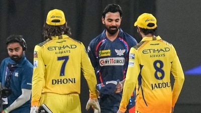 Lucknow Super Giants skipper KL Rahul greeted by CSK's R Jadeja and MS Dhoni. (PTI)