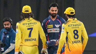 Lucknow Super Giants skipper KL Rahul greeted by CSK's Ravindra Jadeja and MS Dhoni. (PTI) Lucknow Super Giants skipper KL Rahul greeted by CSK's Ravindra Jadeja and MS Dhoni. (PTI)