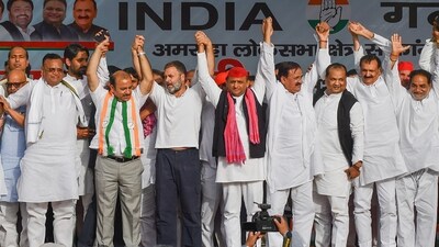 Samajwadi Party chief Akhilesh Yadav and Congress leader Rahul Gandhi shared the stage in Uttar Pradesh's Amroha on Saturday, marking the first joint election rally of the INDIA bloc for the Lok Sabha polls. (PTI) Samajwadi Party chief Akhilesh Yadav and Congress leader Rahul Gandhi shared the stage in Uttar Pradesh's Amroha on Saturday, marking the first joint election rally of the INDIA bloc for the Lok Sabha polls. (PTI)