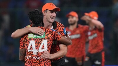 Sunrisers Hyderabad captain Pat Cummins celebrates with a teammate after Hyderabad won the Indian Premier League (IPL) 2024 cricket match against Delhi Capitals (PTI) Sunrisers Hyderabad captain Pat Cummins celebrates with a teammate after Hyderabad won the Indian Premier League (IPL) 2024 cricket match against Delhi Capitals (PTI)