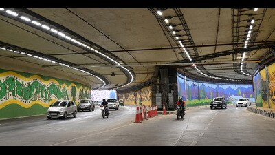 Pragati Maidan tunnel open for traffic after completion of maintenance work in New Delhi on Saturday. (Arvind Yadav/HT Photo) Pragati Maidan tunnel open for traffic after completion of maintenance work in New Delhi on Saturday. (Arvind Yadav/HT Photo)