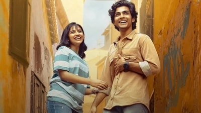 Mamitha Baiju and Naslen K Gafoor in a still from Premalu. Mamitha Baiju and Naslen K Gafoor in a still from Premalu.