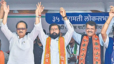 Pune, Apr 18 (ANI): Maharashtra Chief Minister Eknath Shinde, State Deputy CM Ajit Pawar, Union Minister of State for Social Justice and Empowerment Ramdas Athawale and others hold hands during a public meeting prior to nomination filing of the Nationalist Congress Party (NCP) candidate from Baramati seat Sunetra Pawar for the Lok Sabha elections, in Pune on Thursday. (ANI Photo) (Nitin Lawate) Pune, Apr 18 (ANI): Maharashtra Chief Minister Eknath Shinde, State Deputy CM Ajit Pawar, Union Minister of State for Social Justice and Empowerment Ramdas Athawale and others hold hands during a public meeting prior to nomination filing of the Nationalist Congress Party (NCP) candidate from Baramati seat Sunetra Pawar for the Lok Sabha elections, in Pune on Thursday. (ANI Photo) (Nitin Lawate)