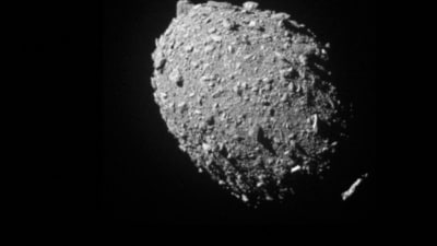 Asteroid moonlet Dimorphos as seen by the DART spacecraft 11 seconds before impact in this image taken by DART’s on board DRACO imager from a distance of 68 kilometers, and released September 26, 2022. (via REUTERS)
