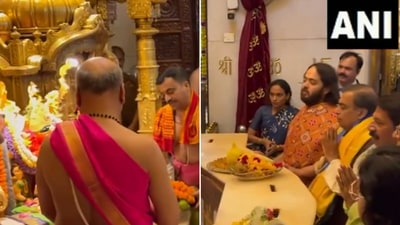 The image shows Mukesh Ambani with his youngest son, Anant Ambani, in Siddhivinayak Temple. (X/@ANI) The image shows Mukesh Ambani with his youngest son, Anant Ambani, in Siddhivinayak Temple. (X/@ANI)