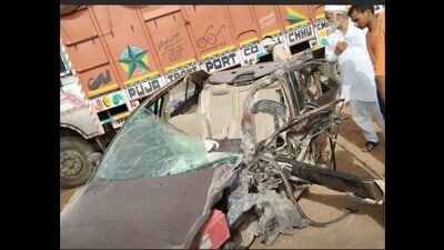 The mangled remains of the car that met with the accident near Imlota village in Charkhi Dadri on Friday night. (HT Photo)