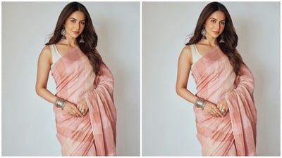 On Friday, Rakul gave her fans a sweet surprise as the actress took to Instagram and uploaded a series of stunning pictures accompanied by the caption, "The beauty of simplicity". In the post, she can be seen looking like an ethereal princess in a stunning light pink saree. (Instagram/@rakulpreet) On Friday, Rakul gave her fans a sweet surprise as the actress took to Instagram and uploaded a series of stunning pictures accompanied by the caption, "The beauty of simplicity". In the post, she can be seen looking like an ethereal princess in a stunning light pink saree. (Instagram/@rakulpreet)