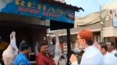 Asaduddin Owaisi greeted a beef shop owner as he campaigned in his constituency Hyderabad.