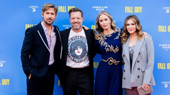 From left, actor Ryan Gosling, director David Leitch, actress Emily Blunt and producer Kelly McCormick pose on the occasion of the European premiere of the movie The Fall Guy at the UCI Luxe East Side Gallery cinema in Berlin Friday, April 19, 2024. (AP)