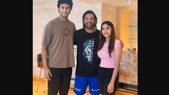 IPL 2024: The image shows MS Dhoni posing with cricketer Shivam Dube and his wife Anjum Khan. (Instagram/@anjum1786)