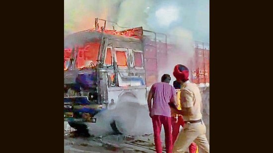 Sandeep Kumar (inset) had parked the truck near a filling station on the roadside on Friday night. (HT Photo)