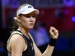 Kazakhstan's Elena Rybakina reacts after her victory against Poland's Iga Swiatek at the semi finals of the WTA Tour in Stuttgart, Germany
