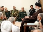A handout picture provided by the office of Iran's Supreme Leader Ayatollah Ali Khamenei on April 21, 2024, shows him speaking to a group commanders of the Iranian armed forces in Tehran. A handout picture provided by the office of Iran's Supreme Leader Ayatollah Ali Khamenei on April 21, 2024, shows him speaking to a group commanders of the Iranian armed forces in Tehran.