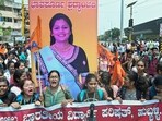 Hubballi: ABVP activists during their protest against the killing of BVB College student Neha Hiremath. 
