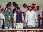 Ranchi: CPI-ML leader Dipankar Bhattacharya, AAP leader Sanjay Singh, RJD leader Tejashwi Yadav and Shiv Sena (UBT) leader Priyanka Chaturvedi during 'Ulgulan Nyay' rally. (PTI)