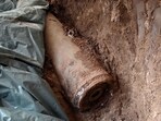 A handout photo distributed on April 21, 2024 by the Ministry of the Interior of Serbia, shows an unexploded bomb from the 1999 NATO bombing at a construction site in Nis, southern Serbia. A handout photo distributed on April 21, 2024 by the Ministry of the Interior of Serbia, shows an unexploded bomb from the 1999 NATO bombing at a construction site in Nis, southern Serbia.