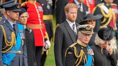 FILE - King Charles III, front right, Camilla, the Queen Consort, Prince Harry and Prince William watch as the coffin of Queen Elizabeth II is placed into the hearse following the state funeral service in Westminster Abbey in central London Monday Sept. 19, 2022. King Charles III has been diagnosed with a form of cancer and has begun treatment, Buckingham Palace says on Monday, Feb. 5, 2024. (AP Photo/Martin Meissner, Pool, File) (AP) FILE - King Charles III, front right, Camilla, the Queen Consort, Prince Harry and Prince William watch as the coffin of Queen Elizabeth II is placed into the hearse following the state funeral service in Westminster Abbey in central London Monday Sept. 19, 2022. King Charles III has been diagnosed with a form of cancer and has begun treatment, Buckingham Palace says on Monday, Feb. 5, 2024. (AP Photo/Martin Meissner, Pool, File) (AP)