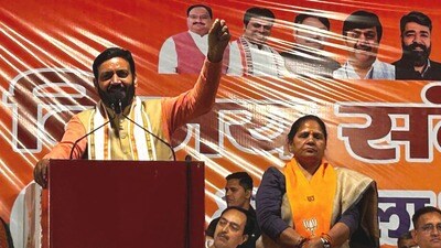 Chief Minister Nayab Singh Saini addressing a rally in Raipur Rani in support of BJP Lok Sabha candidate Banto Kataria on Sunday. (HT photo)