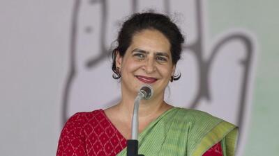 Congress leader Priyanka Gandhi addresses a public meeting ahead of the Lok Sabha elections in Chhattisgarh’s Rajnandgaon district on Sunday. (PTI) Congress leader Priyanka Gandhi addresses a public meeting ahead of the Lok Sabha elections in Chhattisgarh’s Rajnandgaon district on Sunday. (PTI)